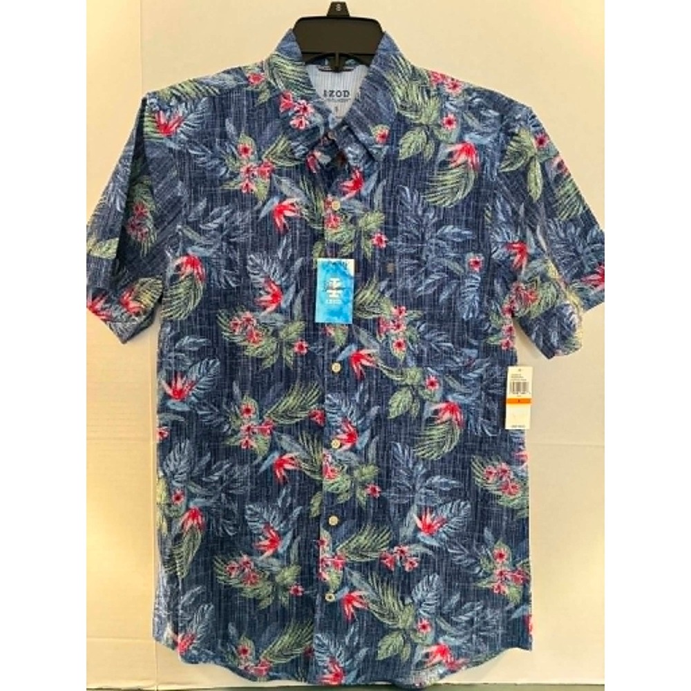 IZOD Saltwater Mens Small Hawaiian Button Up Shirt Blue Tropical Floral Beach